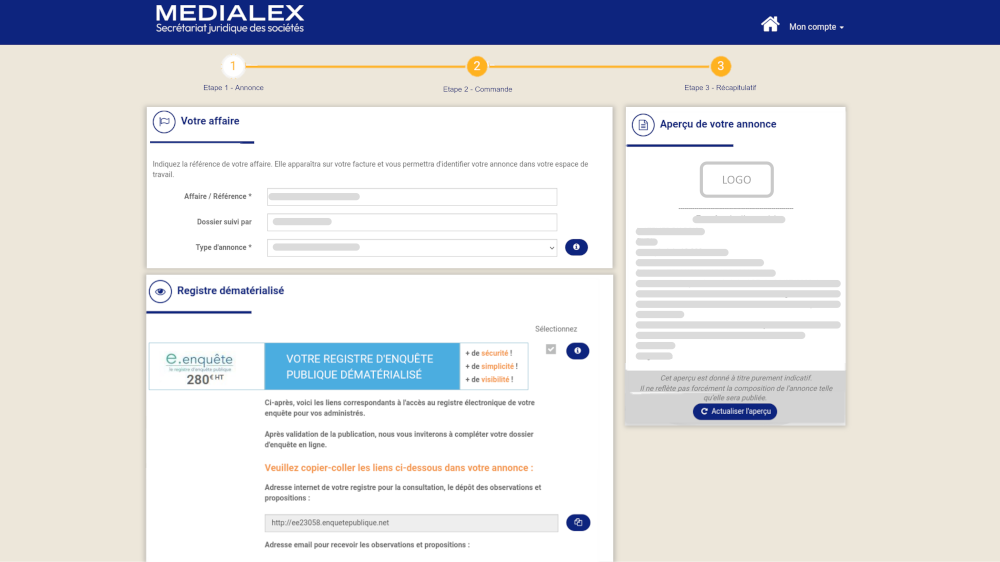 Capture d'écran de l'application MEDIALEX pour la dématérialisation des registres d'enquêtes publiques.