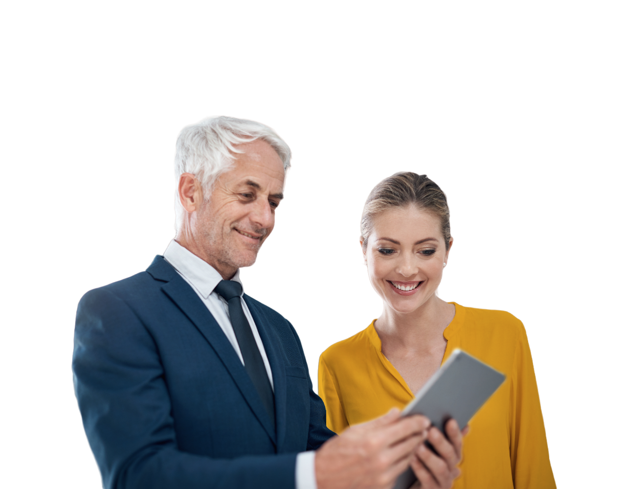 Homme et femme travaillant sur une tablette, illustrant l'engagement de MEDIALEX pour ses clients.